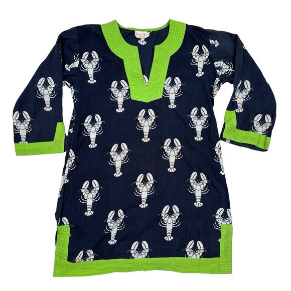 Top It Off Dress Size Small Blue Green Lobster Print‎ V Neck 3/4 Sleeves Shift - Picture 1 of 8